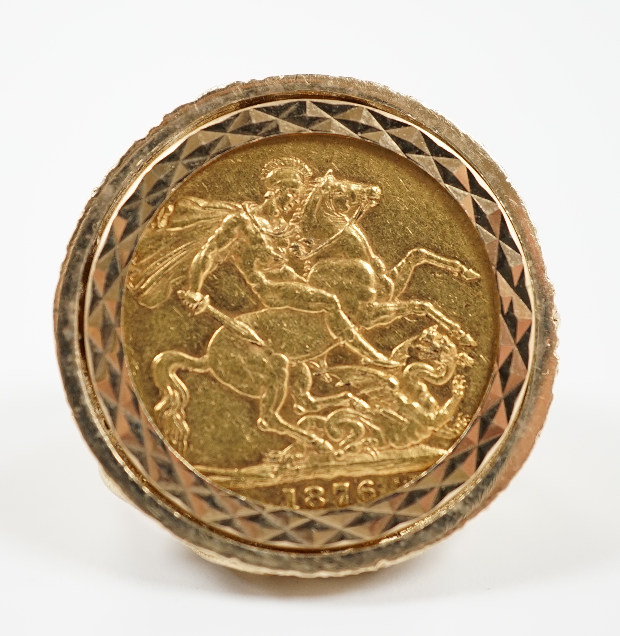 A Victorian 1876 gold full sovereign, now in a later 9ct gold ring mount, size P, 20.9 grams.